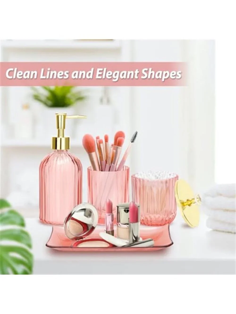 Pink Glass Bathroom Accessories Set Soap Dispenser Toothbrush Holder Vanity Set